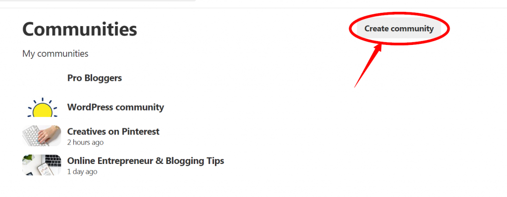 pinterest create community button