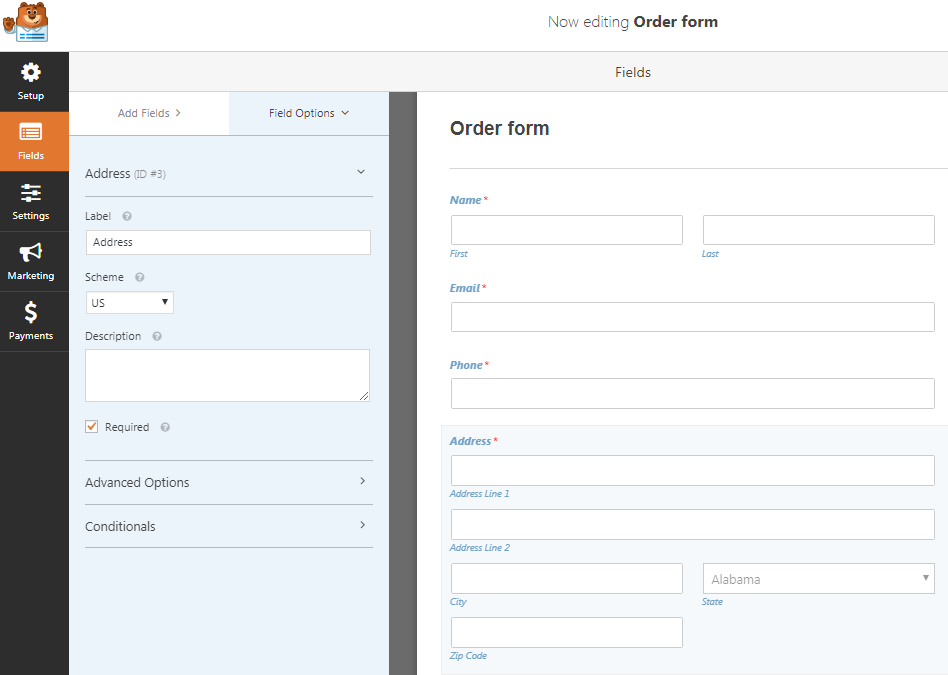 editing order form