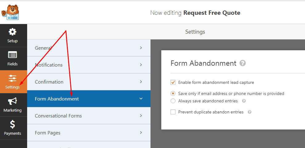 form abandonment settings