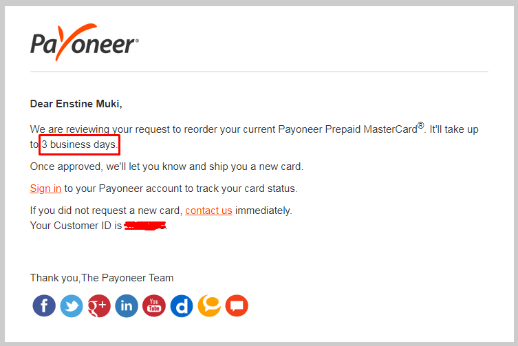Payoneer card order and delivery