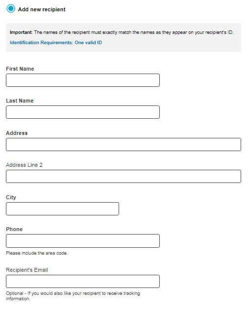 Xoom recipient form