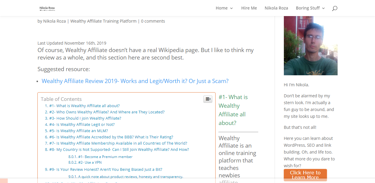 Wealthy Affiliate FAQ page on nikolaroza.com- has a content table