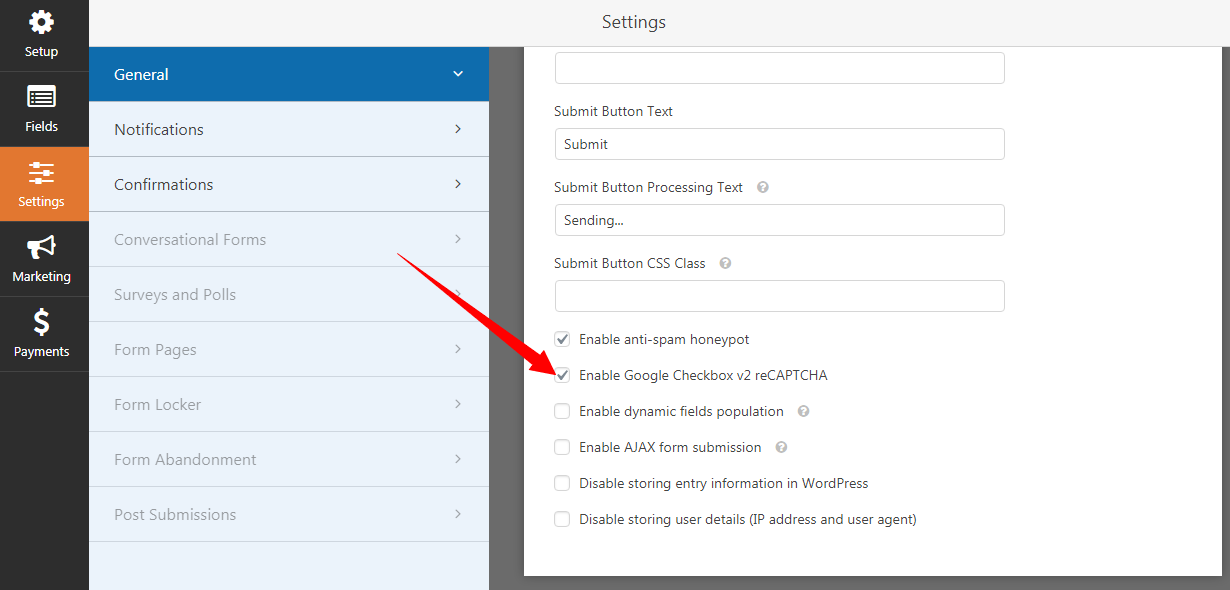 enable reCAPTCHA wpforms