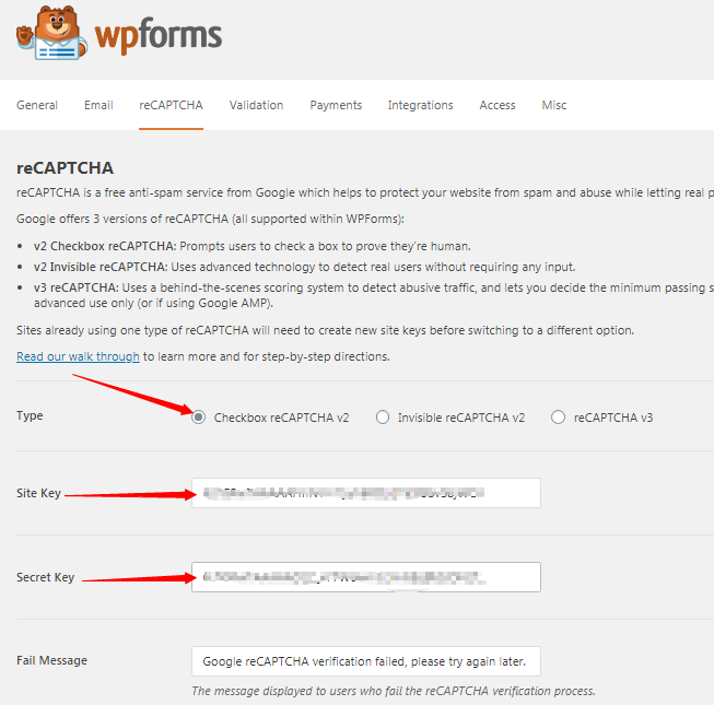 recaptcha in wpforms for wordpress