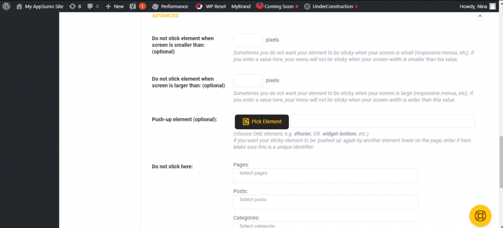 WP Sticky advanced settings
