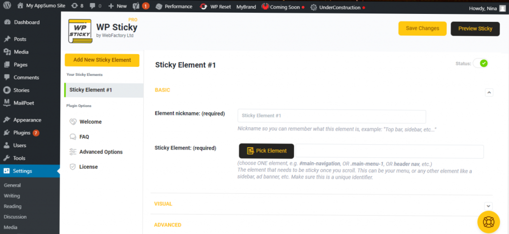 WP Sticky basic settings