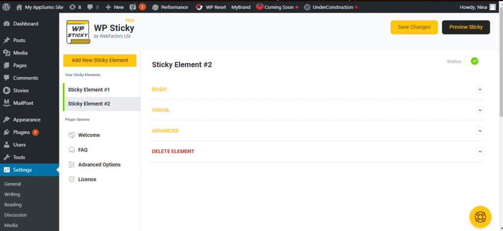 WP Sticky settings