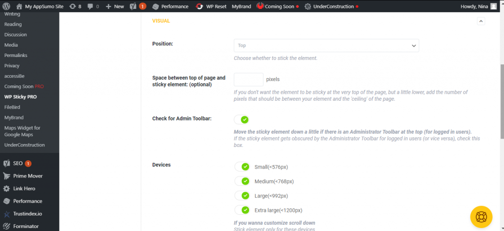 WP Sticky visual settings