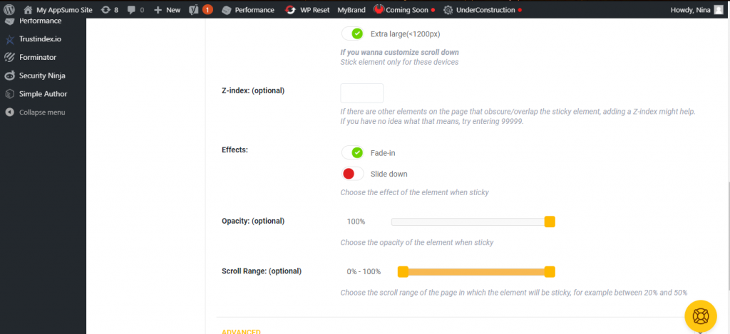 WP Sticky visual settings part 2