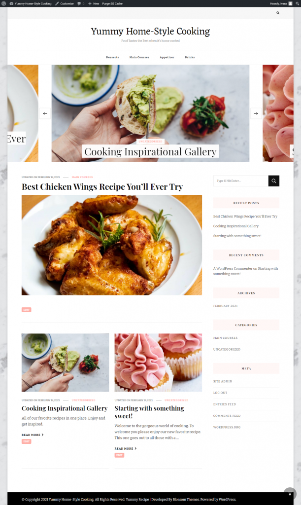 Yummy Recipe Theme homepage layout