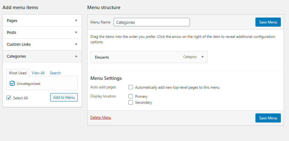 Yummy Recipe Theme menu structure settings