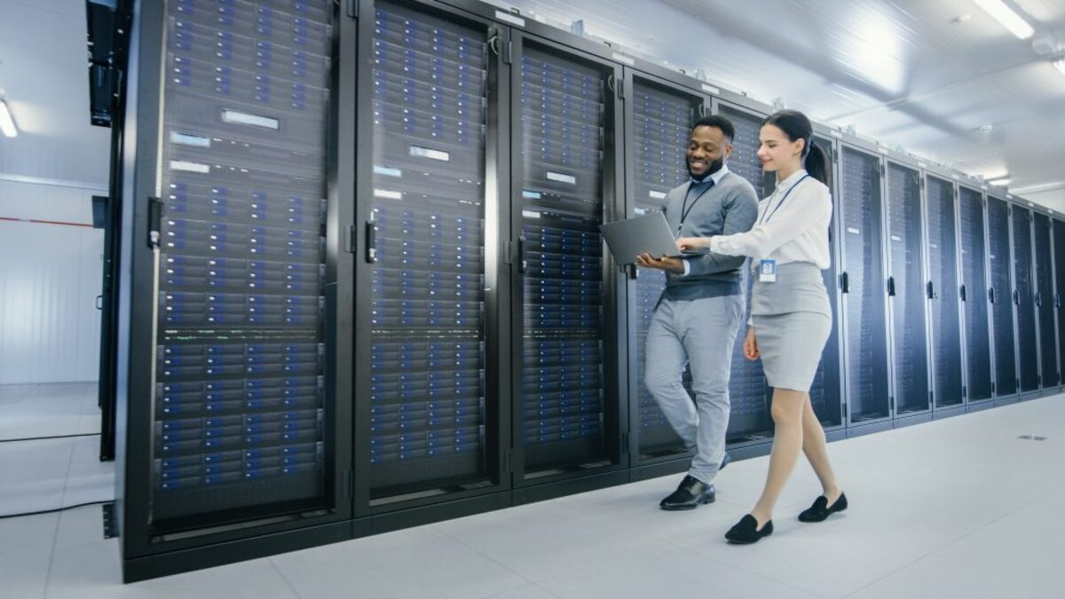 Man and woman in server room