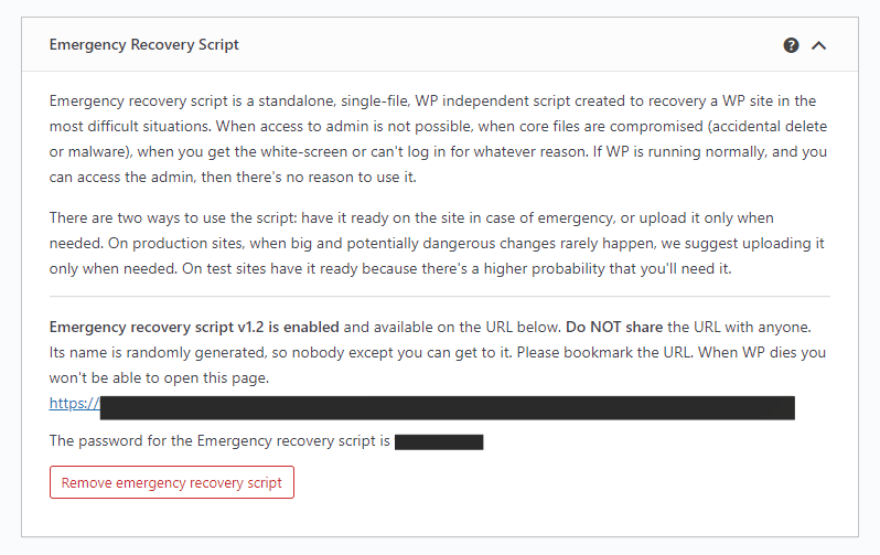 Emergency Recovery Script section
