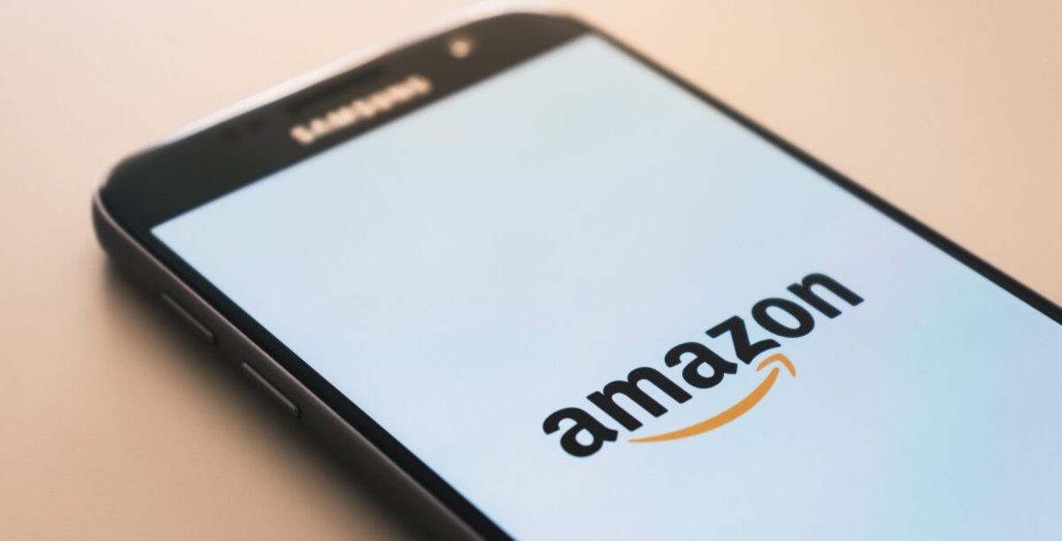 black Samsung Galaxy smartphone displaying Amazon logo