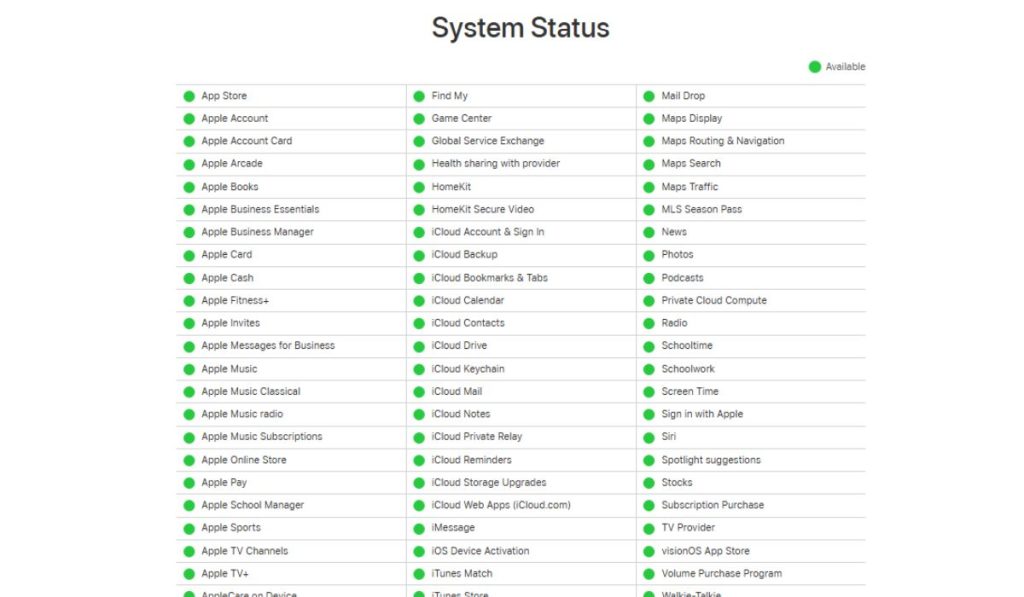 Check Apple System Status Page
