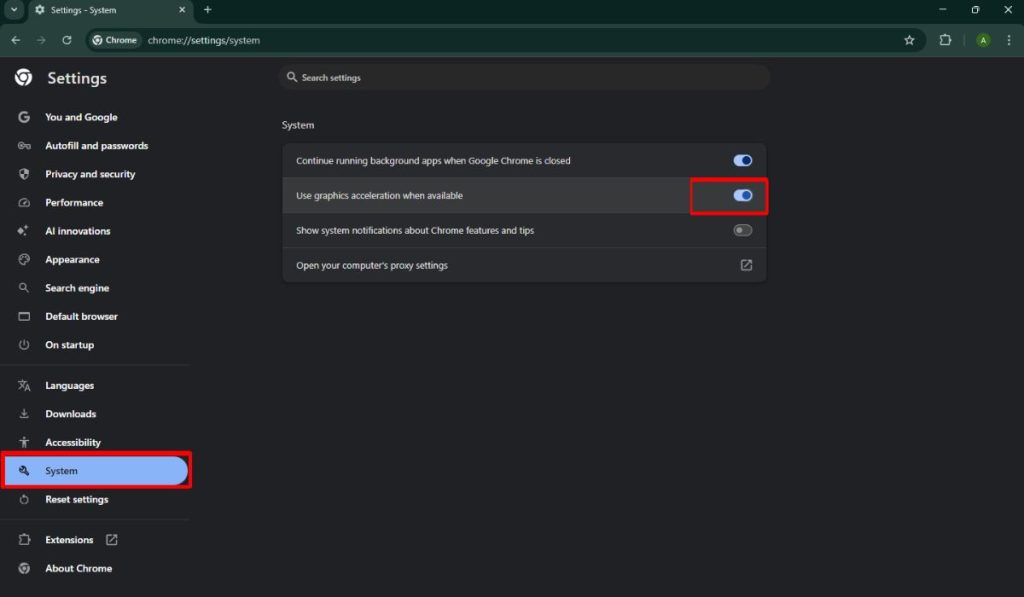 Click System Find the option Use hardware acceleration when available
