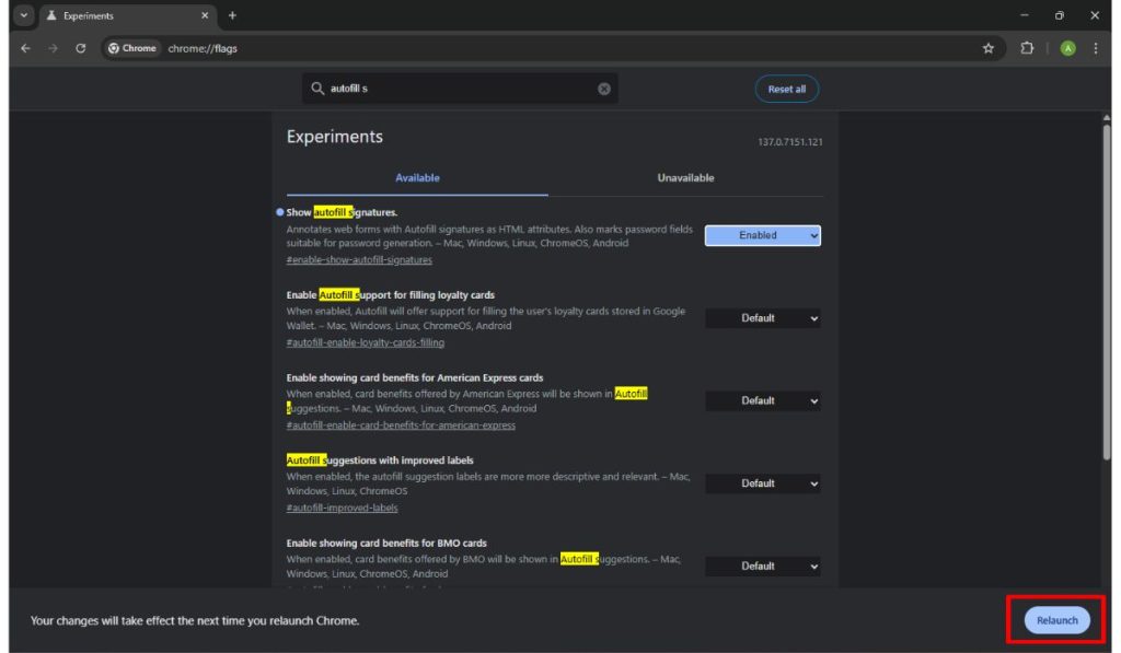 Press the blue “Relaunch” button that appears at the bottom